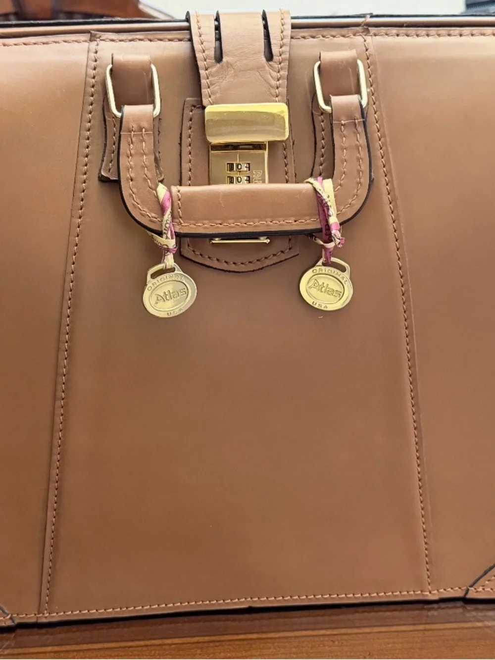 Men’s Atlas Tan Leather Structured Satchel with Gold hardware